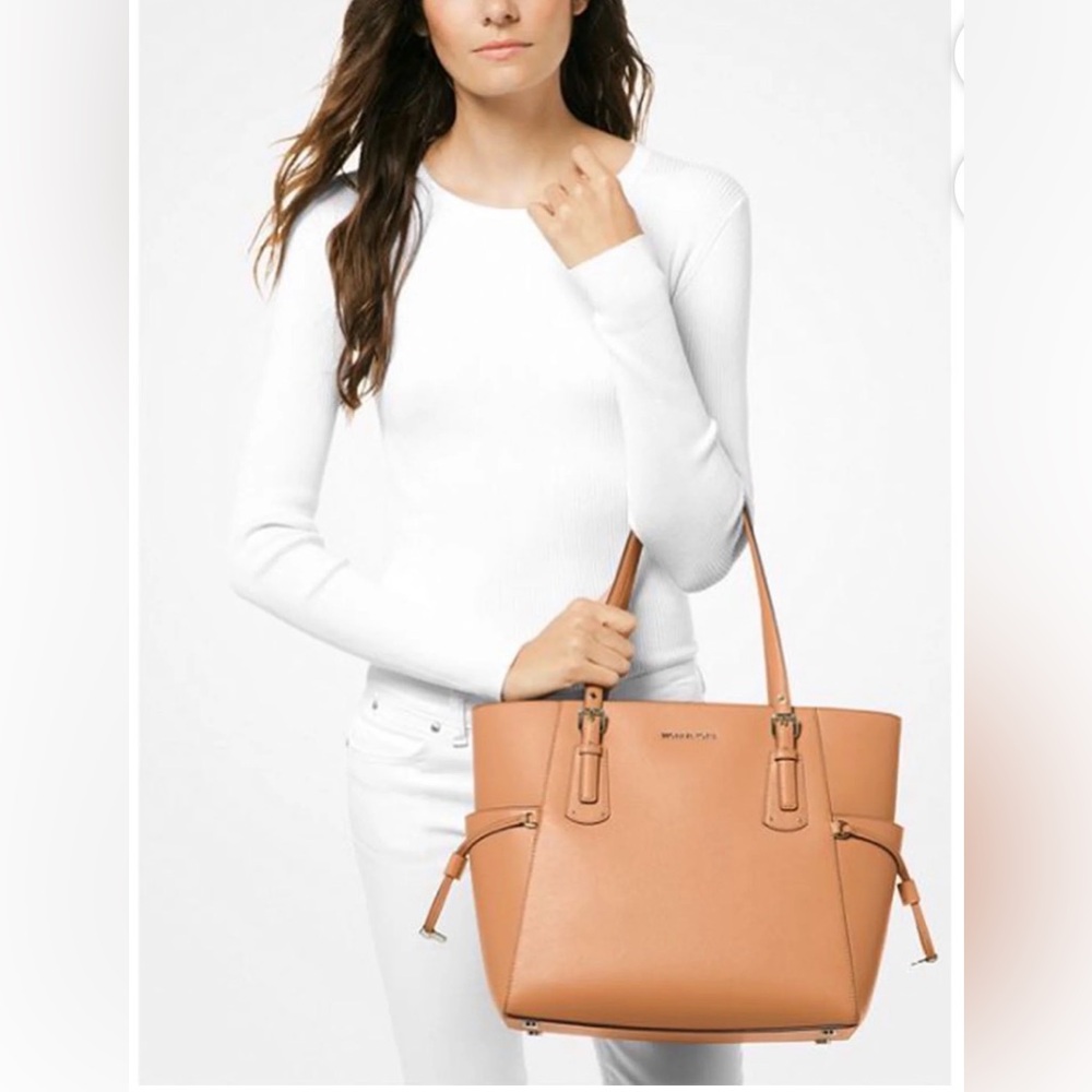 Michael Michael Kors Camel Leather Voyager Tote Designer Handbag Multi Pocket